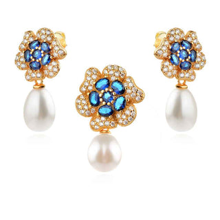 сребърен комплект, цвете, перла, жълта позлата, син цирконий