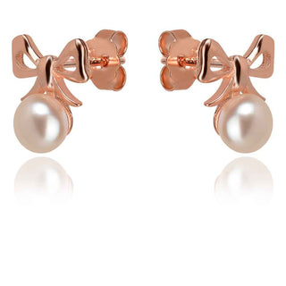 сребърни обеци панделки с розова позлата и бяла речна перла на винт