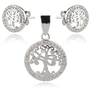 нежен сребърен комплект, дървото на живота, цирконии, родиево покритие,