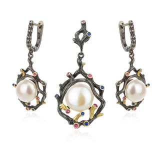 сребърен комплект, бяла перла, цирконий, покритие от рутений и позлата,