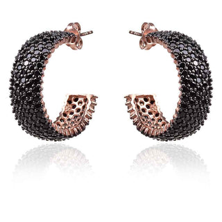 сребърни обеци халки с розова позлата и черни цирконии, silver earrings rose gold plated black cubic zirconia