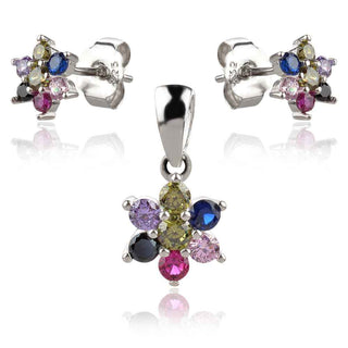 сребърен комплект цветя с многоцветни камъни