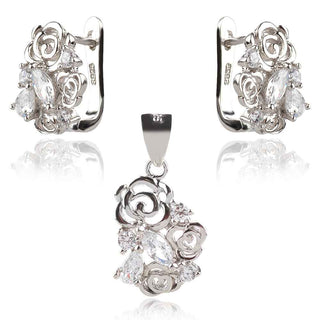 сребърен комплект със стилизирани цветя и циркони в различни форми
