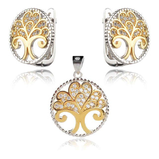 сребърен комплект с дърво на живота в позлата