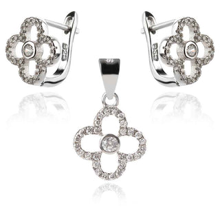 нежен сребърен комплект, цвете, цирконии, родиево покритие,