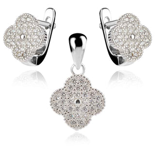 нежен сребърен комплект, цвете, цирконии, родиево покритие,