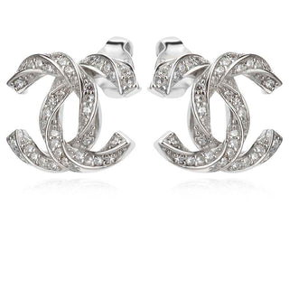 сребърни обеци, цирконий, родиево покритие, по модел на Chanel,
