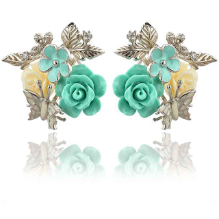 сребърни обеци с рози пресован корал в зелено