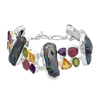 Сребърна гривна - Ruby and black Baroque pearls