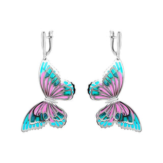 атрактивни сребърни обеци, Пеперуди, 3D ефект, цветен емайл, родиево покритие, Alfa