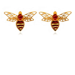 сребърни обеци, кехлибар, жълта позлата, пчела