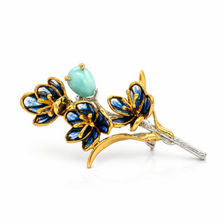 Сребърна брошка медальон с ларимар и син емайл - Bloom Larimar