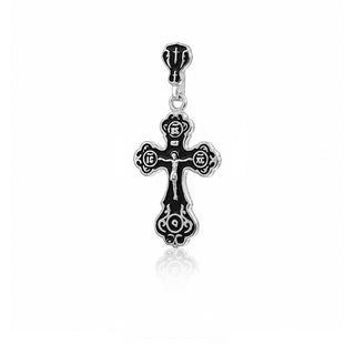 Сребърен двулицев кръст с разпятие и черен емайл - Orthodox Enamel