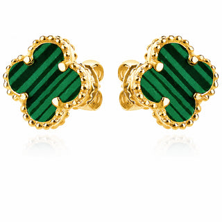 Сребърни обеци с позлата и детелини от малахит - Alhambra Malachite YG