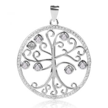 сребърен медальон, дърво на живота, цирконии, родиево покритие