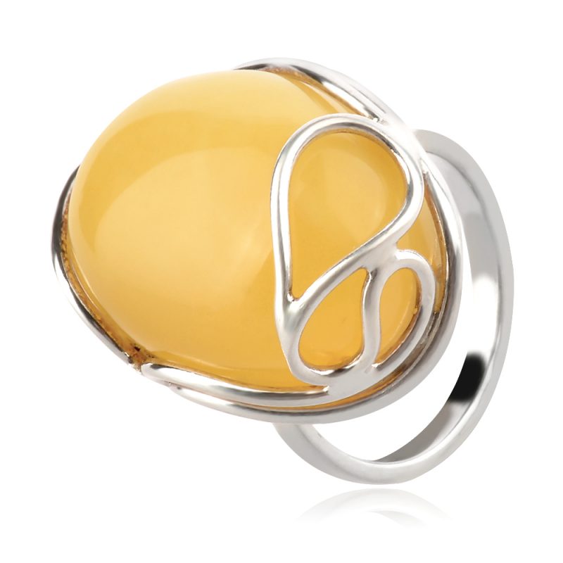 сребърен пръстен, естествен Балтийски кехлибар, млечно жълт цвят,