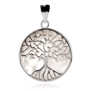сребърен медальон, дърво на живота, бял седеф, родиево покритие,