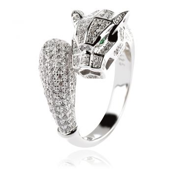 атрактивен сребърен пръстен, пантера, по модел на Cartier, цирконии, родиево покритие,