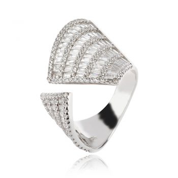 елегантен сребърен пръстен, абстрактна форма, цирконии, родиево покритие, блясък