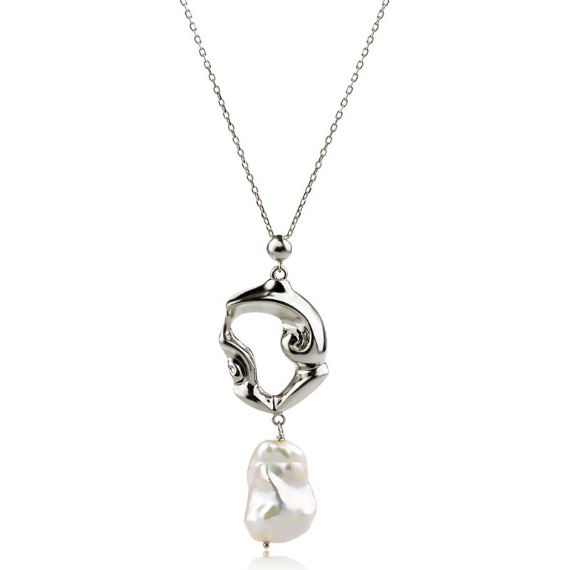 атрактивен сребърен медальон, перла Барок, родиево покритие, подходящо за повод