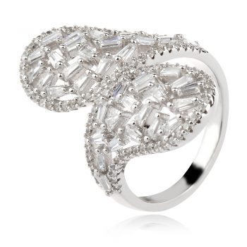 елегантен сребърен пръстен, циркон багета, родиево покритие,