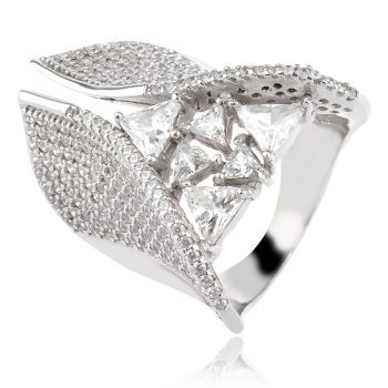луксозен сребърен пръстен, абстрактна форма, цирконии, родиево покритие,