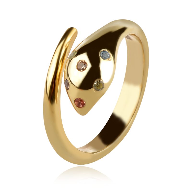 сребърен пръстен, пръстен змия, по модел на Bvlgari, жълта позлата, цветен турмалин