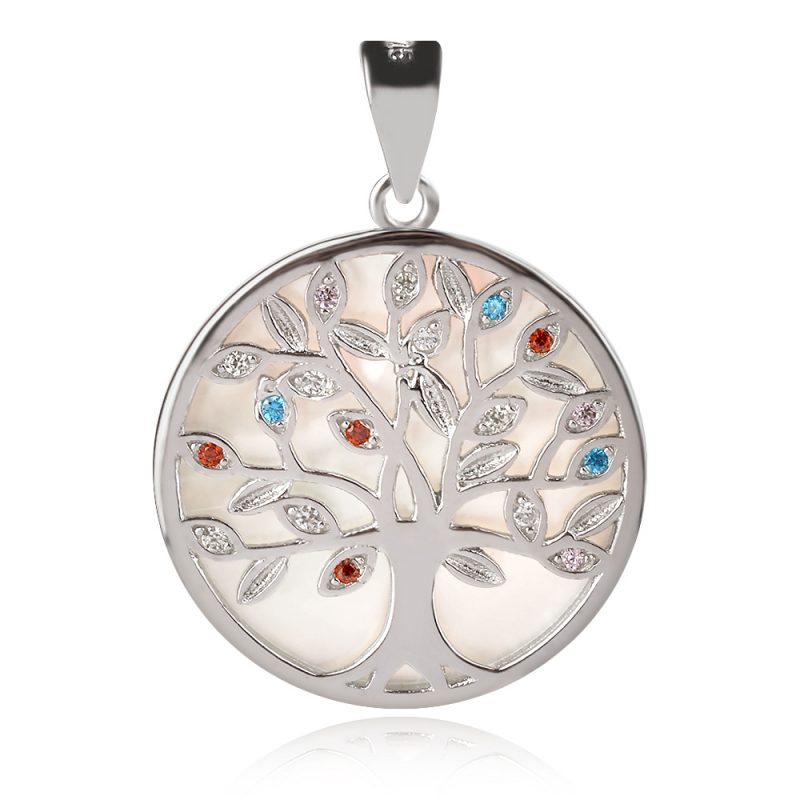 сребърен медальон, дървото на живота, бял седеф, цветен цирконии,