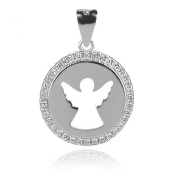 нежен сребърен медальон, ангел, цирконии, родиево покритие,