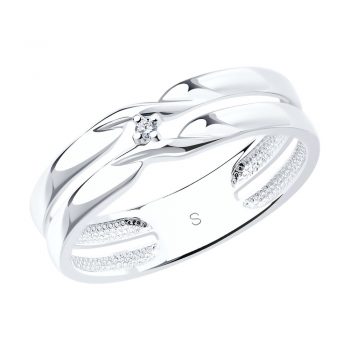 сребърен пръстен, тип халка, диамант, родиево покритие,