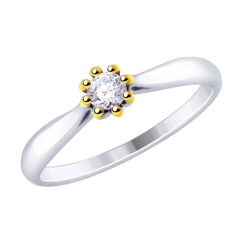 сребърен пръстен, родиево покритие, жълта позлата, CZ Swarovski, тип годежен, sokolov,