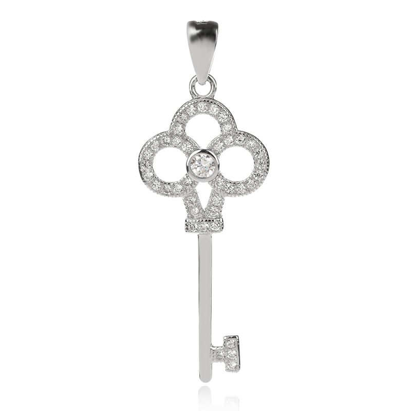 сребърен медальон, ключ, цирконий, родиево покритие