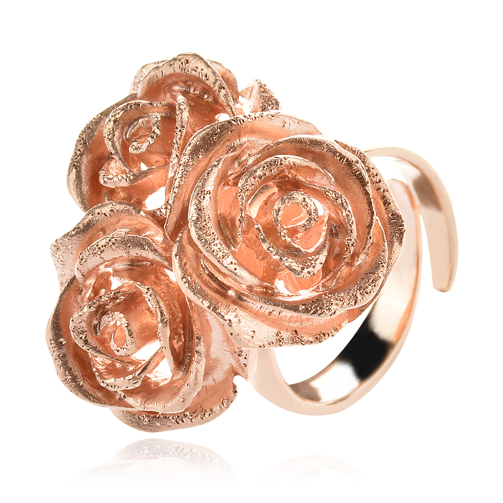 елегантен сребърен пръстен, розова позлата, рози, Ganezzi