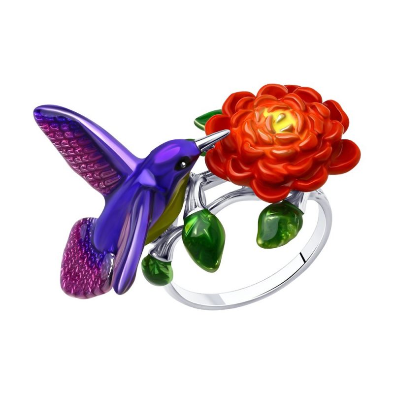 атрактивен сребърен пръстен, птиче, цвете, цветен емайл, родиево покритие, Sokolov