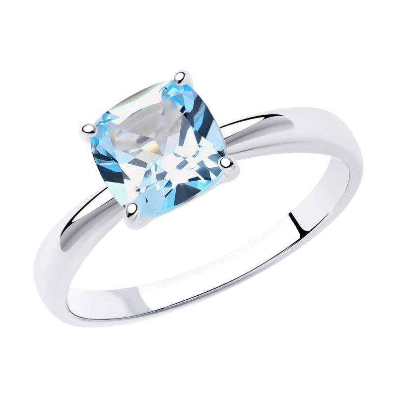 стилен сребърен пръстен, син топаз, родиево покритие, Sokolov