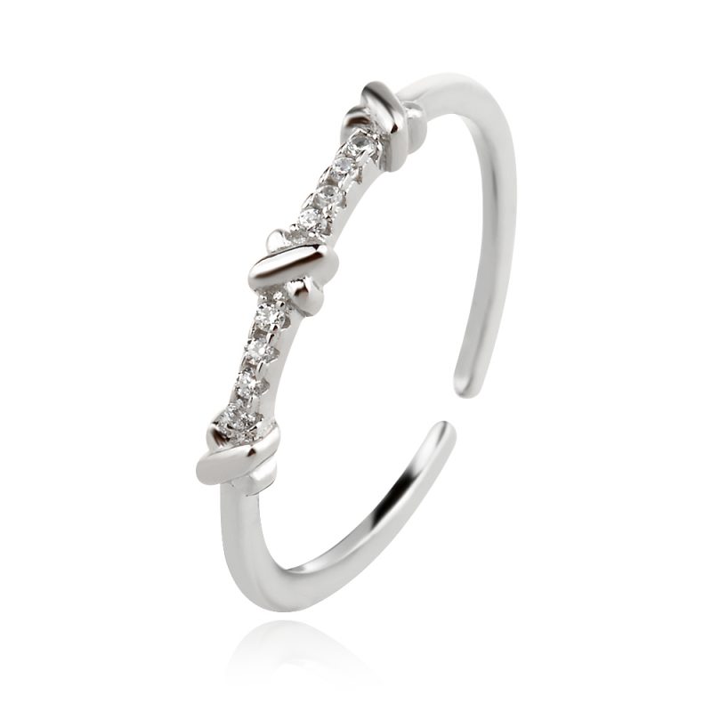нежен сребърен пръстен, пръстен тип халка, цирконий, родиево покритие,