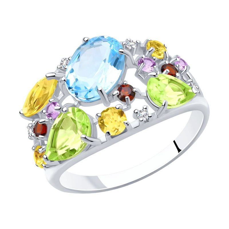 елегантен сребърен пръстен, естествени камъни, цирконий, родиево покритие, Sokolov