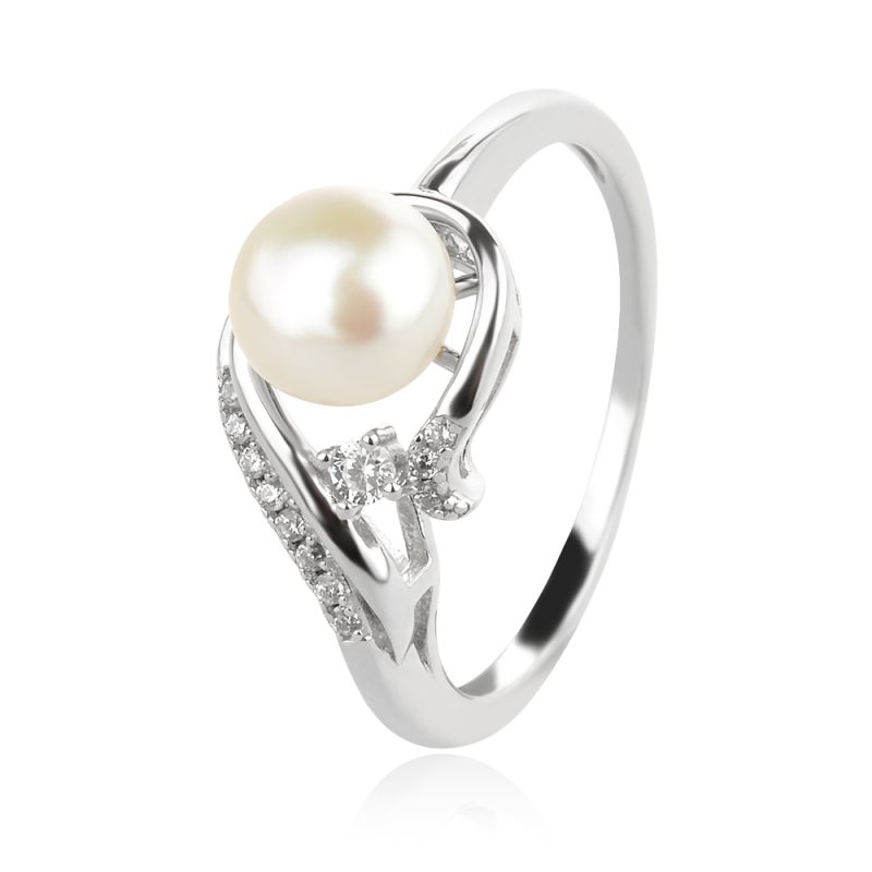 нежен сребърен пръстен, нежен сребърен пръстен, бяла перла, цирконий, родиево покритие,