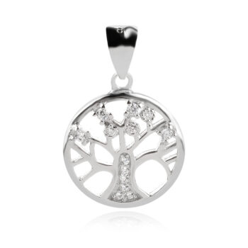 нежен сребърен медальон, дървото на живота, цирконий, родиево покритие