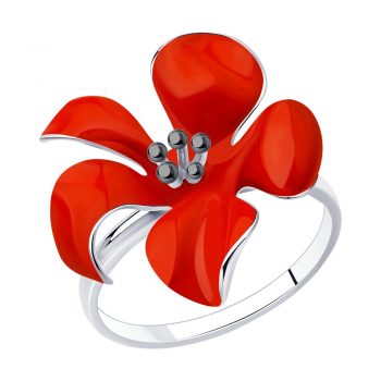атрактивен сребърен пръстен, цвете, цветен емайл, родиево покритие, sokolov,