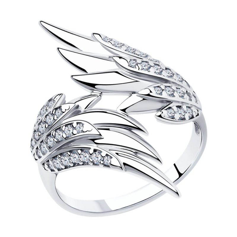 атрактивен сребърен пръстен, ангелски крила, цирконий, родиево покритие, колекция свобода, sokolov,