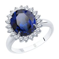 елегантен сребърен пръстен, сапфир-корунд, цирконий, родиево покритие, sokolov,
