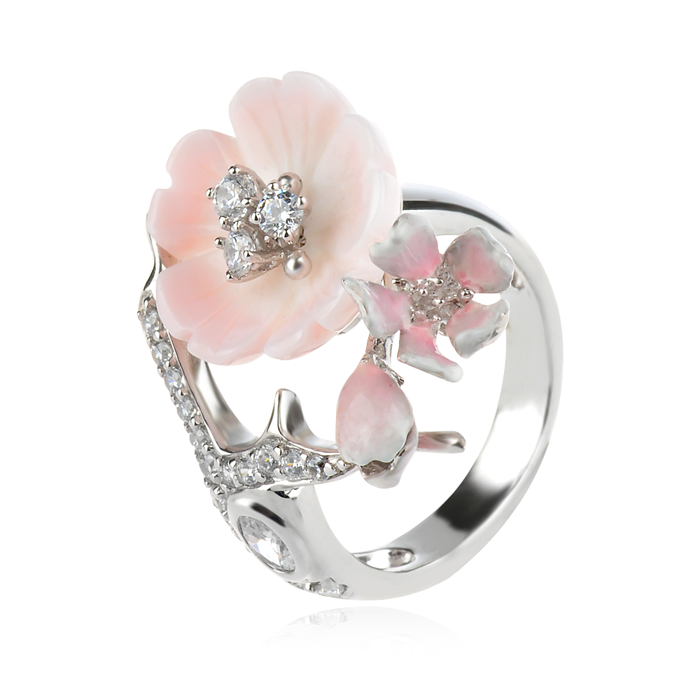 атрактивен сребърен пръстен, цветя, седеф, цирконий, ganezzi,