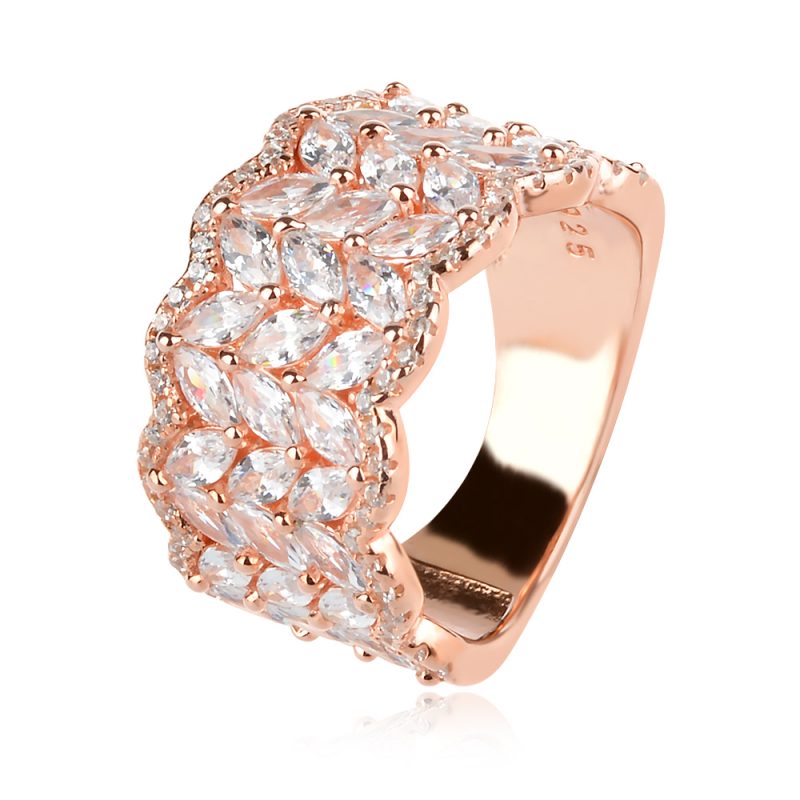 елегантен сребърен пръстен, пръстен тип халка, цирконий, розова позлата,