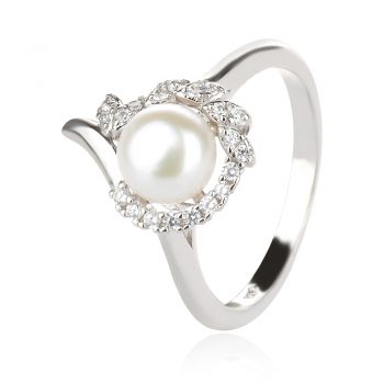 сребърен пръстен, бяла перла, цирконий, родиево покритие,