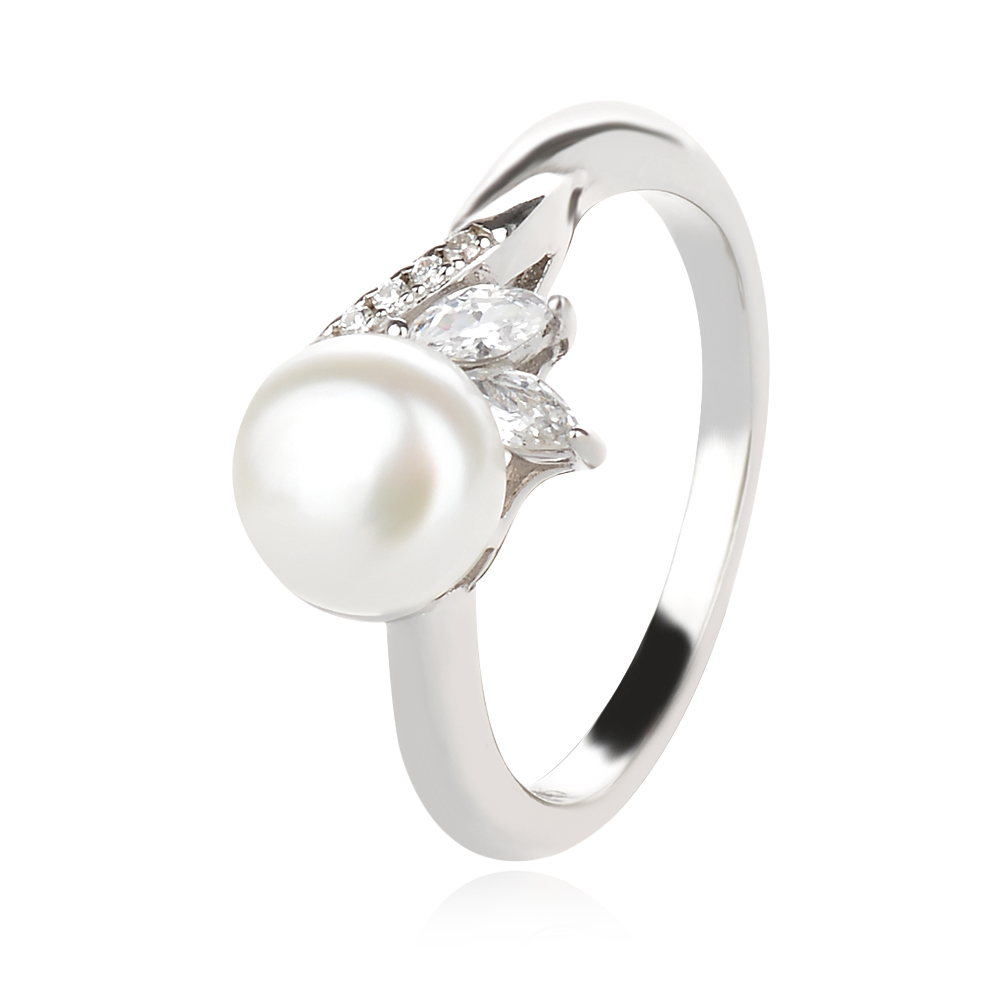 сребърен пръстен, бяла перла , цирконий, родиево покритие