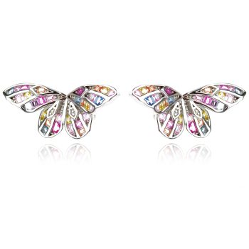 атрактивни сребърни обеци, пеперуда, цветен цирконий, родиево покритие