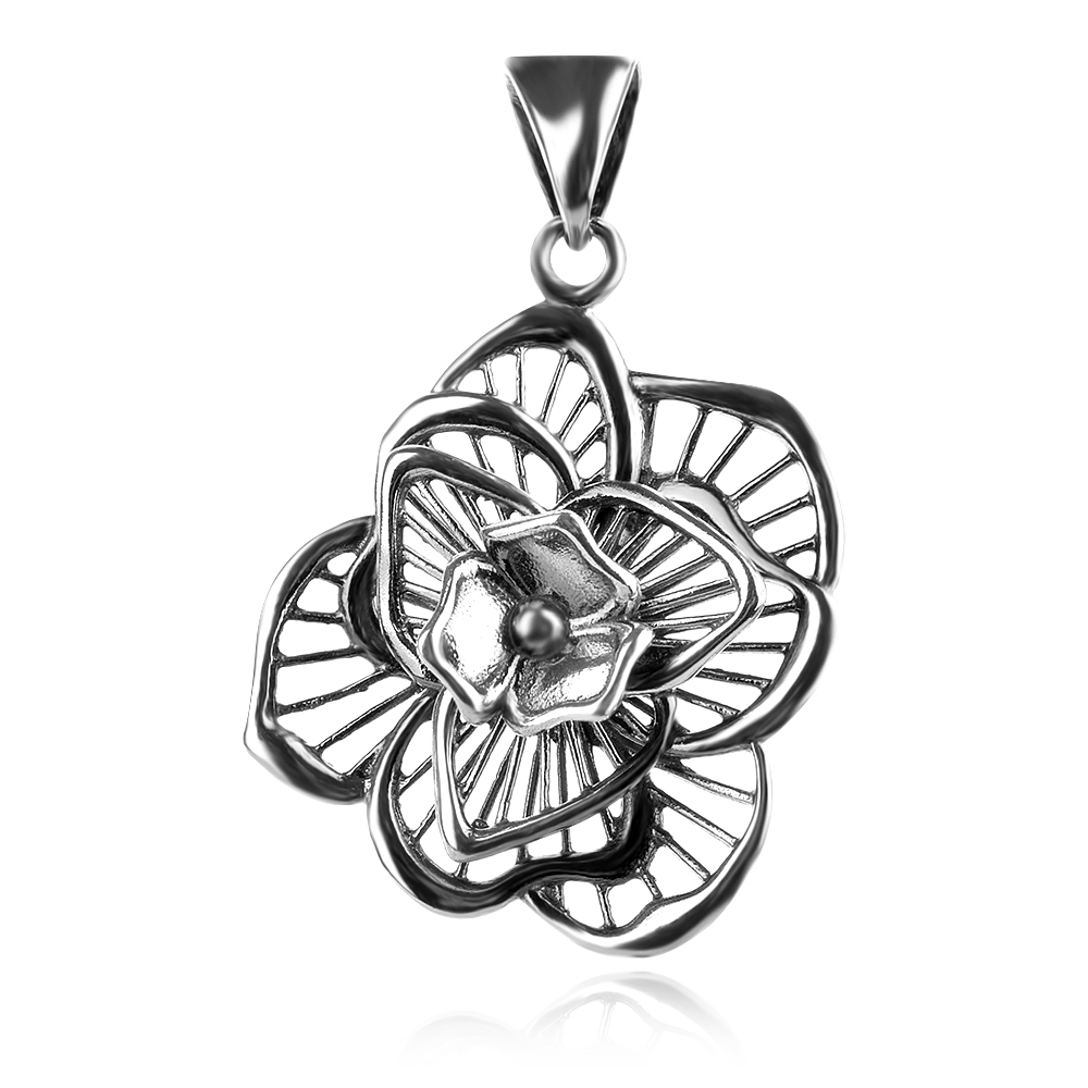сребърен медальон, флорална форма, без камък, оксидирано сребро, Алгара,