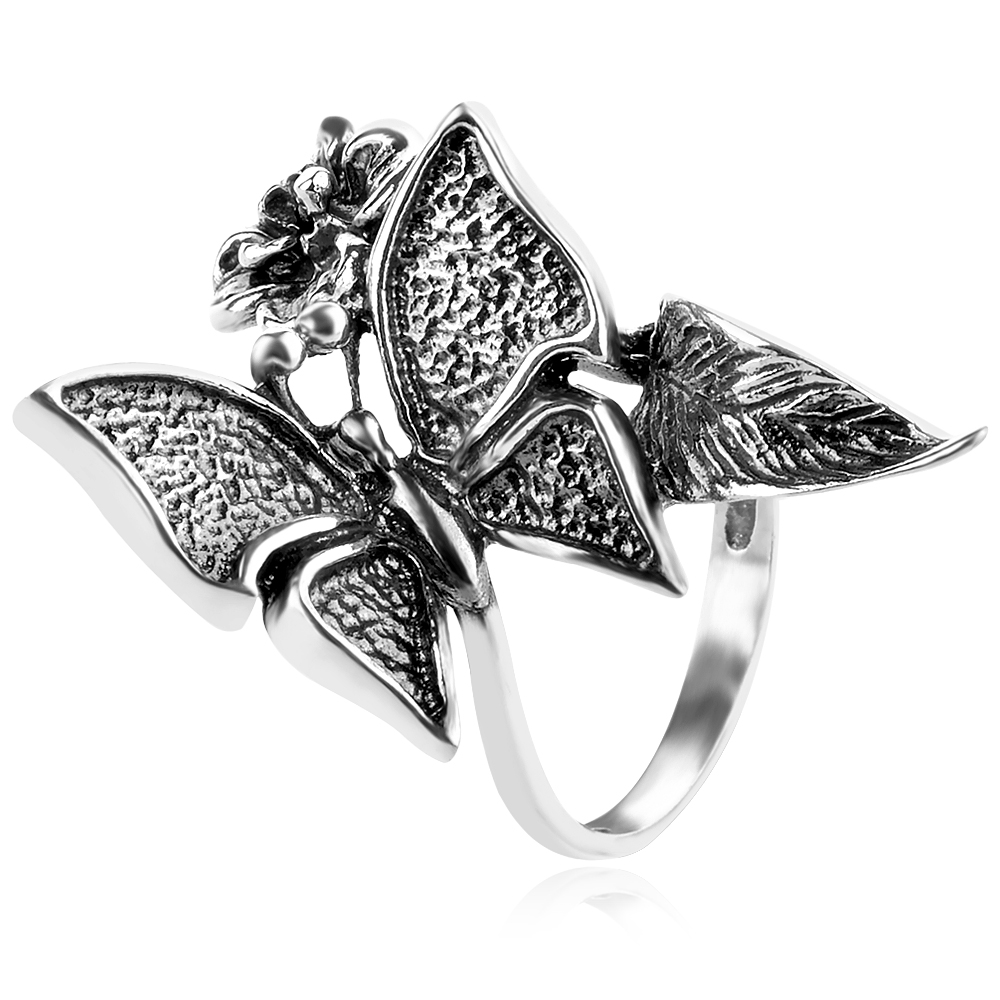 сребърен пръстен, пеперуда, без камък, оксидирано сребро, Алгара,
