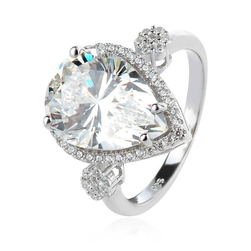 елегантен сребърен пръстен, мойсанит, цирконий, капка, родиево покритие